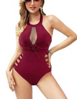 NLAND Badeanzug Damen Einteiler Schwimmanzug Rückenfreier Meer für Frauen One Piece Swimsuit Abnehmen (Weinrot, M) von NLAND
