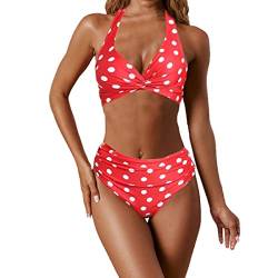 NLAND Damen Bikini Set Geknoteter Bikini Push Up Crossover Bikinioberteil Strandmode Zweiteiliger Badeanzug Lace Up Bikini High Waist Tankini Damen Set(Rote Tupfen,S) von NLAND