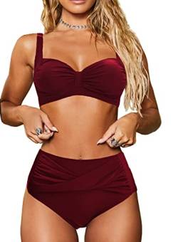 NLAND Damen Bikini Set Twisted Plissierter Bauch High Waist Bikini Zweiteiliger Badeanzug Retro Träger High Waist Bikin(Weinrot,L) von NLAND