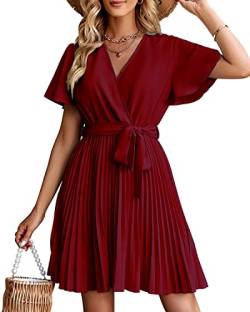 NLAND Damen Kleid Sommer Casual Kurzarm V-Ausschnitt Chiffon Elegantes Freizeitkleider Mit Taille Riemen Solide Farbe Partykleid（Burgundisch,L） von NLAND