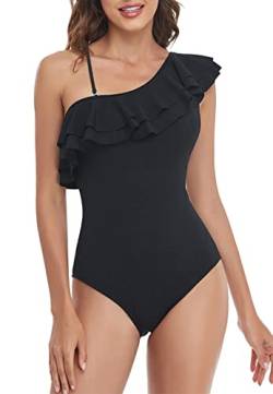 NLAND Damen Rüschen Eine Schulter Asymmetrischer Einteiliger Badeanzug Bikini Rückenfrei Strandbikinis Elegant Monokini Gerüscht(Schwarz,XXL) von NLAND