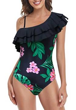 NLAND Damen Rüschen Eine Schulter Asymmetrischer Einteiliger Badeanzug Bikini Rückenfrei Strandbikinis Elegant Monokini Gerüscht(Schwarzgrüne Blätter,L) von NLAND