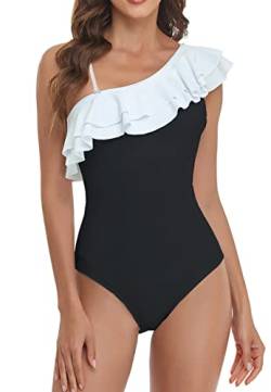 NLAND Damen Rüschen Eine Schulter Asymmetrischer Einteiliger Badeanzug Bikini Rückenfrei Strandbikinis Elegant Monokini Gerüscht(Weiß + Schwarz,L) von NLAND