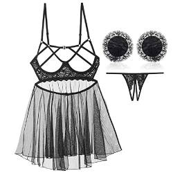 NLAND Fairy Damen Set Mesh Dessous Set Fischnetz Babydoll Valentinstag Nachtwäsche Set Mit G-String Durchsichtig Minikleid Unterkleid(Schwarz,M) von NLAND