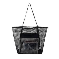 NLAND Große Mesh Strandtasche Damen Faltbare Umhängetasche mit Reißverschluss Einkaufstaschen für Shopper Reise (Schwarz) von NLAND