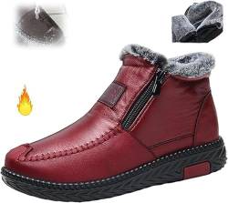 NLONGCH Wasserdichte rutschfeste Baumwoll-Lederstiefel, Winter-Fleece, verdickte Schneestiefel, warme Stiefeletten für Damen, Schlupfstiefel mit Reißverschluss, rot, 36 EU von NLONGCH