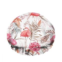 Doppelte wasserdichte Bade-Duschhaube, rosa Flamingo, Pfingstrose, tropische Pflanze, Blumen, romantische Palme, wiederverwendbar, modische Duschmütze für Damen, Schönheit, Bad, Haar, Spa, Zuhause, Ho von NLWQEKV