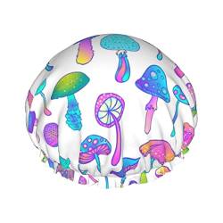 Magic Mushrooms Duschhaube für Damen, verstellbar, doppelt, wasserdicht, Bade-Duschhut, Haarschutz, wiederverwendbar, Damen-Spa-Salon-Duschhut von NLWQEKV