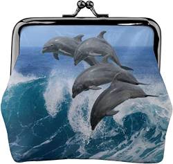 Vier schöne Delfine springen über brechende Schnalle, Leder-Geldbörsen, Vintage-Beutel, Kiss-Lock-Wechselgeldbörse, Mini-Geldbörsen für Damen und Mädchen von NLWQEKV