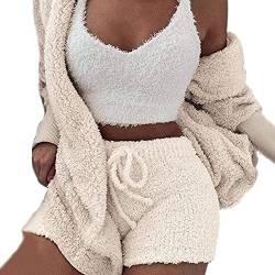 NMSLC Frauen Fluffy Crop Top Teddy Coat Shorts Sets 3Pcs / Set Loungewear M White von NMSLC