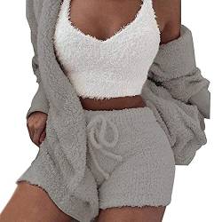 NMSLC Frauen Fluffy Crop Top Teddy Coat Shorts Sets 3Pcs / Set Loungewear XL Grey von NMSLC