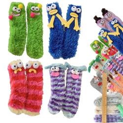 Warm Cozy Fluffy Cartoon Monster Socks, Funny Fuzzy Socks for Women, Winter Warm Fuzzy Animal Socks, Womens Fuzzy Socks (4pcs A) von NNBWLMAEE