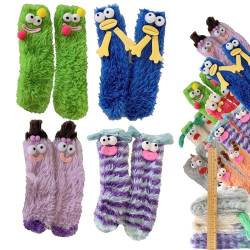 Warm Cozy Fluffy Cartoon Monster Socks, Funny Fuzzy Socks for Women, Winter Warm Fuzzy Animal Socks, Womens Fuzzy Socks (4pcs B) von NNBWLMAEE