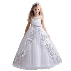 NNJXD Blumenmädchen-Festzug-Partykleid Tutu Weihnachten Spitze Prinzessin Hochzeitskleid 0250 Weiß Größe (150) 9–10 Jahre von NNJXD
