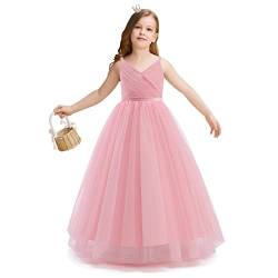 NNJXD Blumenmädchen Hochzeit Festzug Kleid Tüll Formal Lange Prinzessin Kleid 785 Rosa Größe(140) 8-9 Jahre von NNJXD