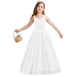 NNJXD Blumenmädchen Hochzeit Festzug Kleid Tüll Formal Lange Prinzessin Kleid 785 Weiß Größe (130) 6-7 Jahre von NNJXD