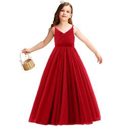 NNJXD Blumenmädchen Hochzeit Festzug Kleid Tüll Formale Lange Prinzessin Kleid 785 Rot Größe(170) 14-15 Jahre von NNJXD