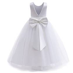 NNJXD Blumenmädchen-Hochzeitsfest-Festzug-Kleid, rückenfrei, formelles langes Kleid mit Perlenstickerei, 788, Weiß, Größe (130), 6–7 Jahre von NNJXD
