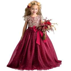 NNJXD Blumenmädchen-Partykleid Tutu Funkelnde Pailletten Weihnachtsfeier Schleife Prinzessin langes Hochzeitskleid 053 Rot Größe (120) 4–5 Jahre von NNJXD