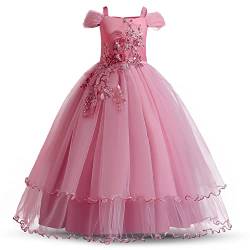 NNJXD Mädchen Applique Abschlussball-Kleider Weg von der Schulter Hochzeit Geburtstag Partei Prinzessin Lange Kleider Größe(150) 9-10 Jahre 431 Rosa-A von NNJXD