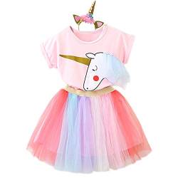 NNJXD Mädchen Einhorn Halloween Weihnachten Cosplay verkleiden Sich Geburtstag Party Phantasie Blume Prinzessin Rainbow Dress + Einhorn Headwear Größe (110) 3-4 Jahre Rosa von NNJXD