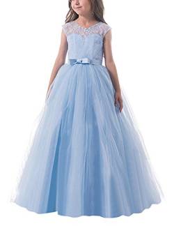 NNJXD Mädchen Kinder Spitze Tüll Hochzeit Kleid Prinzessin Kleider Größe (130) 6-7 Jahre Blau von NNJXD