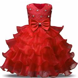 NNJXD Mädchen Kleid Kinder Rüschen Spitze Party Brautkleider Größe(130) 5-6 Jahre Rot von NNJXD