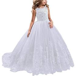 NNJXD Mädchen-Kleid mit Spitze, Tüll, Bestickt, Prinzessin, Abschlussball, Ballkleid, formelle Party, Langer Schwanz, 406, Weiß, Größe (130), 6–7 Jahre von NNJXD