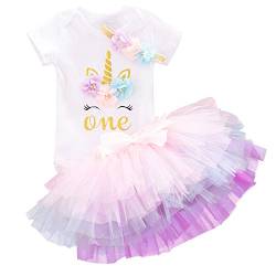 NNJXD Mädchen Newborn 1. Geburtstag 3 Stück Outfits Strampler + Tutu Kleid + Stirnband (1 Jahre, Pink&Lila) von NNJXD