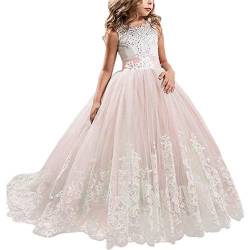 NNJXD Mädchen Spitze Tüll Gestickte Prinzessin Prom Ballkleid Formale Partei Lang Schwanz Kleider Größe (140) 8-9 Jahre 406 Rosa-A von NNJXD