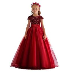 NNJXD Mädchen glitzerndes Paillettenkleid, Prinzessin, Festzug, Party, Blumen-Hochzeitskleid, 2036 Rot Größe (130) 6-7 Jahre von NNJXD