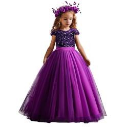 NNJXD Mädchen glitzerndes Paillettenkleid, Prinzessin, Festzug, Party, Blumen-Hochzeitskleid, 2036 Violett Größe (140) 8-9 Jahre von NNJXD