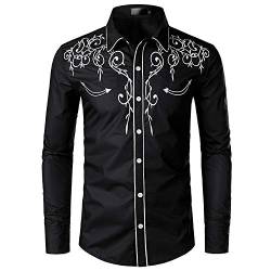 NOBRAND JINYAUN Stilvolles Western-Cowboy-Shirt für Herren, Stickerei, schmale Passform, lässig, Langarm-Shirt, Herren, Hochzeit, Party-Shirt, Schwarz , XXL von NOBRAND