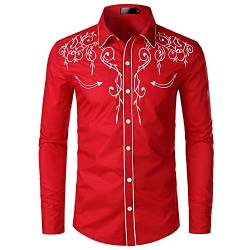 NOBRAND JINYAUN Stilvolles Western-Cowboy-Shirt für Herren, Stickerei, schmale Passform, lässig, Langarm-Shirt, Herren, Hochzeit, Party-Shirt, rot, M von NOBRAND