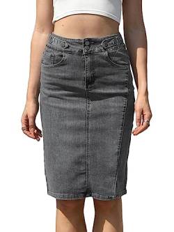 NOGRAX Satinrock Hohe Taille Jeansrock Frauen Lässig Midi Straight Bleistift Jean Rock-Dark Grey,S von NOGRAX