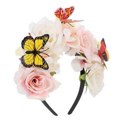 NOLITOY Schmetterling Blumenkrone Stirnband Rosenkranz Girlande Haarbänder Blumen Hochzeit Braut Haarband Schmetterlings Stirnband Hochzeit Festival Blumen Haarkranz Rosa Weiß von NOLITOY