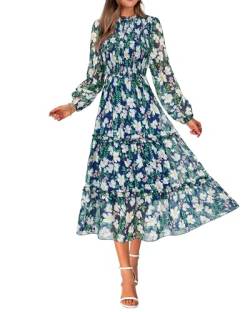 NOLLSOM Frauen 2023 Herbst Kleid Floral Boho Kleid Casual Langarm Rundhalsausschnitt Rüschen A-Linie Flowy Hochzeit Gast Maxi Kleider, Floral Marineblau Weiß, Klein von NOLLSOM