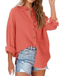 NOLLSOM Frauen Casual Button Down Herbst Blusen 2023 Langarm Solide Business Arbeit Tops Nette Relaxed Fit Shirts mit Tasche, Solid Orange, X-Groß von NOLLSOM