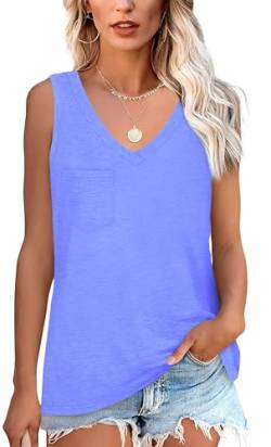 NONSAR Armelloses Shirt Damen Basic Sommer Elastische Tank Top mit V Ausschnitt Lässige Trägershirt mit Tasche Locker Top Bequeme Unterhemden(9362L,Blau) von NONSAR