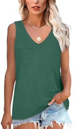 NONSAR Armelloses Shirt Damen Basic Sommer Elastische Tank Top mit V Ausschnitt Lässige Trägershirt mit Tasche Locker Top Bequeme Unterhemden(9362L,Grün) von NONSAR