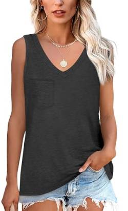 NONSAR Armelloses Shirt Damen Basic Sommer Elastische Tank Top mit V Ausschnitt Lässige Trägershirt mit Tasche Locker Top Bequeme Unterhemden(9362L,Schwarz) von NONSAR