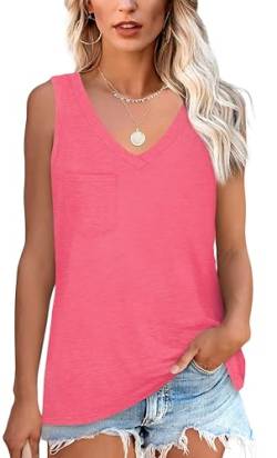 NONSAR Armelloses Shirt Damen Basic Sommer Elastische Tank Top mit V Ausschnitt Lässige Trägershirt mit Tasche Locker Top Bequeme Unterhemden(9362L,Wassermelonenrot) von NONSAR