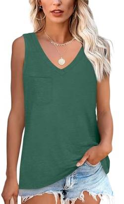 NONSAR Armelloses Shirt Damen Basic Sommer Elastische Tank Top mit V Ausschnitt Lässige Trägershirt mit Tasche Locker Top Bequeme Unterhemden(9362M,Grün) von NONSAR