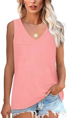 NONSAR Armelloses Shirt Damen Basic Sommer Elastische Tank Top mit V Ausschnitt Lässige Trägershirt mit Tasche Locker Top Bequeme Unterhemden(9362M,Rosa) von NONSAR