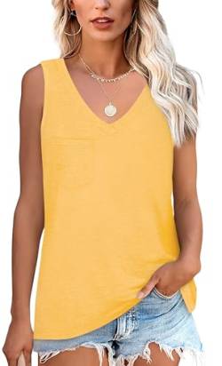 NONSAR Armelloses Shirt Damen Basic Sommer Elastische Tank Top mit V Ausschnitt Lässige Trägershirt mit Tasche Locker Top Bequeme Unterhemden(9362S,Gelb) von NONSAR