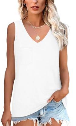NONSAR Armelloses Shirt Damen Basic Sommer Elastische Tank Top mit V Ausschnitt Lässige Trägershirt mit Tasche Locker Top Bequeme Unterhemden(9362S,Weiß) von NONSAR
