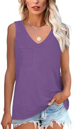 NONSAR Armelloses Shirt Damen Basic Sommer Elastische Tank Top mit V Ausschnitt Lässige Trägershirt mit Tasche Locker Top Bequeme Unterhemden(9362XXL,Violett) von NONSAR
