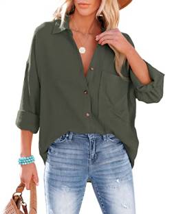 NONSAR Bluse Damen Lässiges Hemd mit V-Ausschnitt 100% Baumwolle Lockere Passform Solide Dickes Oberteil Elegant mit Tasche(9353L,Armeegrün) von NONSAR