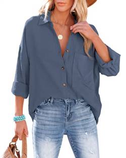 NONSAR Bluse Damen Lässiges Hemd mit V-Ausschnitt 100% Baumwolle Lockere Passform Solide Dickes Oberteil Elegant mit Tasche(9353L,Dunkelgrau) von NONSAR