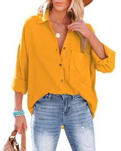NONSAR Bluse Damen Lässiges Hemd mit V-Ausschnitt 100% Baumwolle Lockere Passform Solide Dickes Oberteil Elegant mit Tasche(9353L,Gelb) von NONSAR